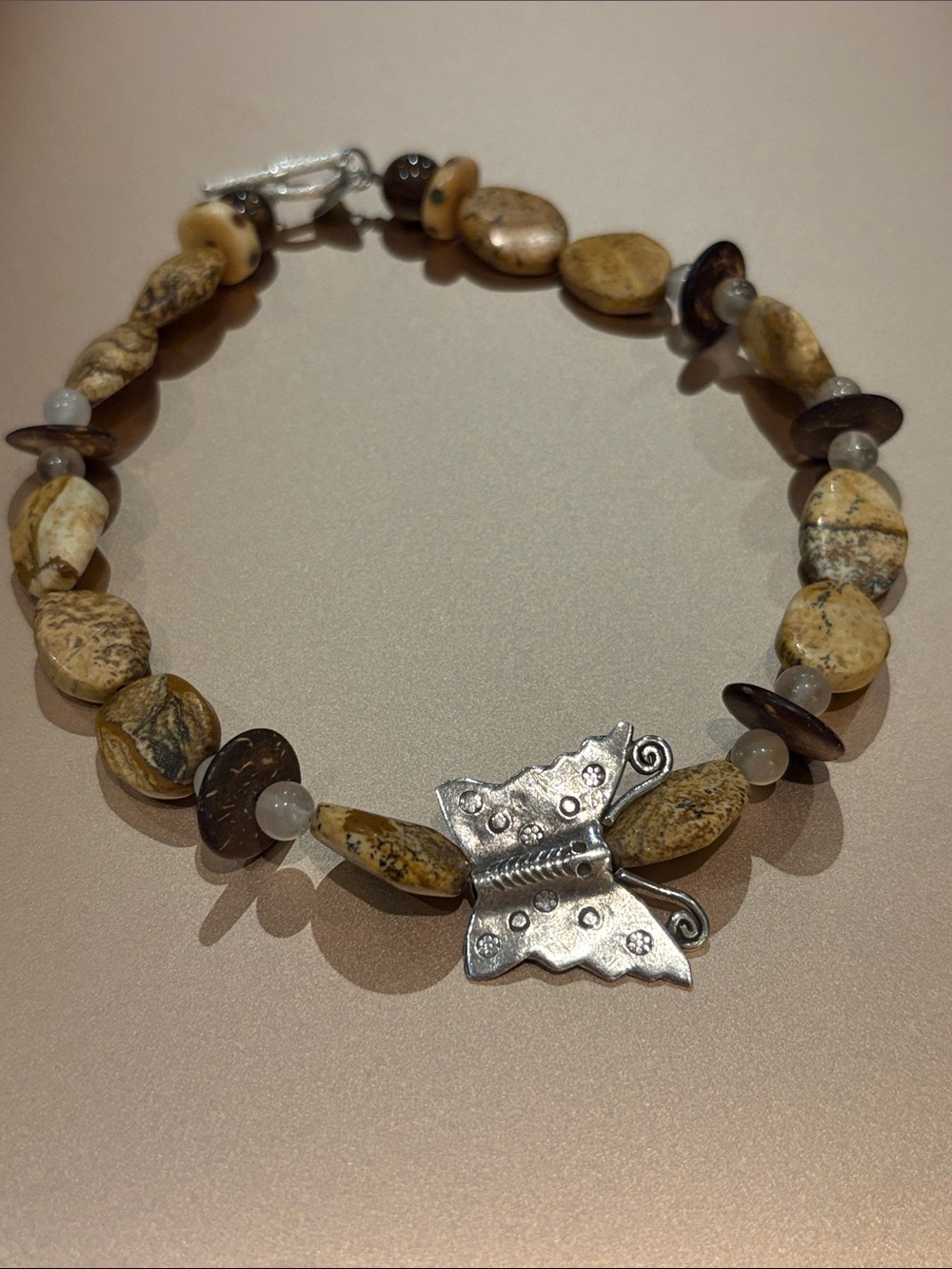 Butterfly Accent Beige Jasper Necklace - Natural Stone Beads